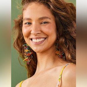 beaded floral tropical dangling earrings for FARM Rio Ad. Gold pair